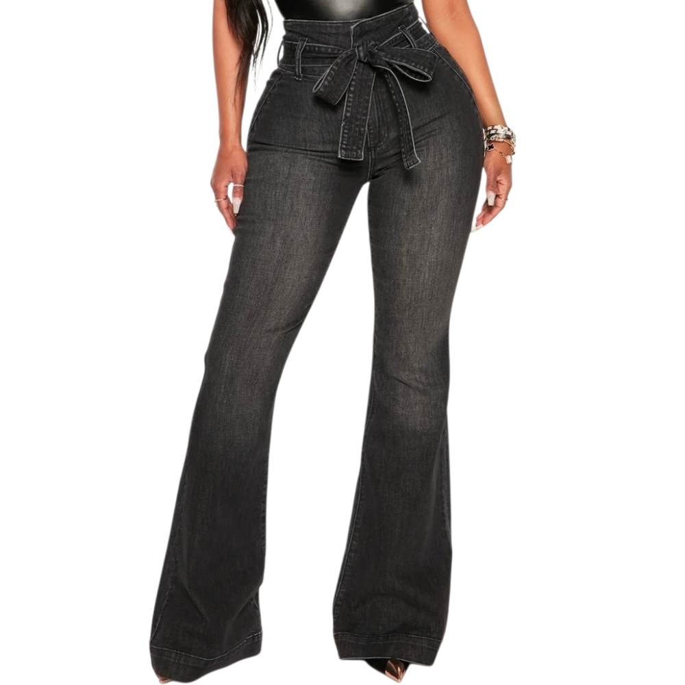 Fashion Nova American Beauty Belted Flare Jeans - Black Wash